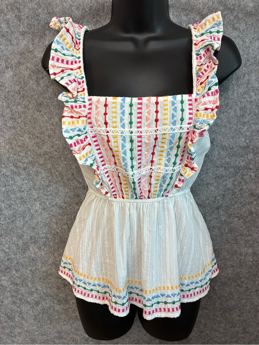 Cottagecore Embroidered Babydoll Ruffle Tank Top Cotton Boho Summer Beach Size S